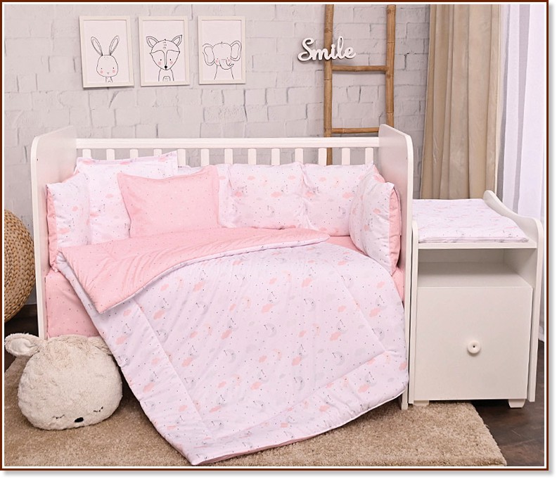 Бебешки двулицев спален комплект 5 части с обиколник Lorelli Trend - За легла 55 x 110 cm, от серията Луни и Звезди - продукт