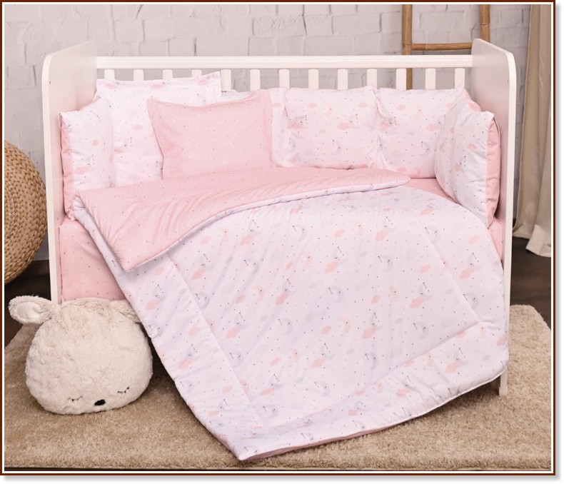 Бебешки двулицев спален комплект от 5 части с обиколник - Луни и Звезди - 100% ранфорс за легло с размери 70 x 140 cm - продукт