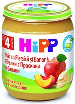 Био пюре от ябълки с праскови и банани HiPP - 125 g, за 4+ месеца - пюре