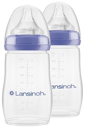 Бебешки шишета за хранене с широко гърло - Natural Wave 240 ml - Комплект от 2 броя със силиконови биберони за бебета над 3 месеца - шише