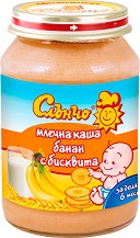 Слънчо - Млечна каша от банан с бисквита - Бурканче от 190 g за бебета над 6 месеца - пюре
