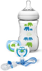Син комплект за новородено - Слончета - С шише, залъгалки и клипс - шише