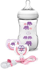 Розов комплект за новородено - Слончета - С шише, залъгалки и клипс - шише