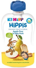 HIPP HiPPiS - Био забавна плодова закуска ябълка, круша и бебешки сухари - Опаковка от 100 g за бебета над 4 месеца - пюре