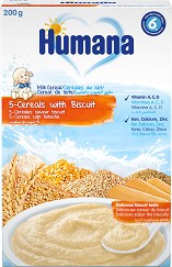 Инстантна млечна каша с 5 зърна и бисквити Humana - 200 g, за 6+ месеца - продукт