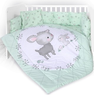 Бебешки спален комплект от 4 части с обиколник - Lily: Lamb Green - 100% ранфорс за матрак с размери 60 x 120 cm - продукт