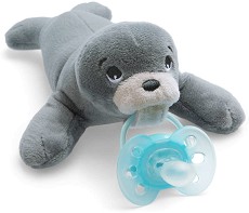 Плюшен държач за залъгалка - Тюленче - Комплект със силиконова залъгалка от серия "Ultra Soft" за бебета от 0 до 6 месеца - продукт