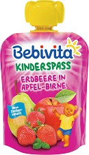 Bebivita - Забавна плодова закуска с ягода, ябълка и круша - Опаковка от 90 g за бебета над 12 месеца - пюре