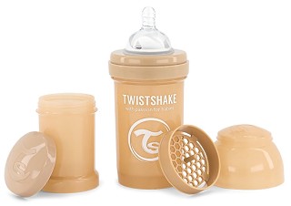 Бебешко шише за хранене с широко гърло - Twistshake 180 ml - Копмплект със силиконов биберон, приставка шейкър и контейнер за сухо мляко - продукт