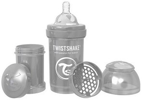 Бебешко шише за хранене с широко гърло - Twistshake Pearl 180 ml - Копмплект със силиконов биберон, приставка шейкър и контейнер за сухо мляко - продукт