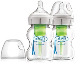Бебешки стъклени шишета за хранене с широко гърло - Options+ 150 ml - Комплект от 2 броя със силиконов биберон за бебета от 0+ месеца - шише