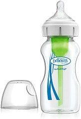 Бебешко стъклено шише за хранене с широко гърло - Options+ 270 ml - Комплект със силиконов биберон за бебета от 0+ месеца - шише