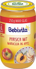 Bebivita - Био пюре от праскови с маракуя и ябълка - Бурканче от 250 g за бебета над 6 месеца - пюре