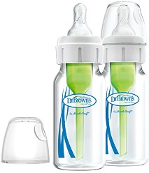 Бебешки стандартни стъклени шишета за хранене - Options+ 120 ml - Комплект от 2 броя със силиконови биберони за бебета от 0+ месеца - шише