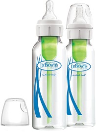 Бебешки стандартни стъклени шишета за хранене - Options+ 250 ml - Комплект от 2 броя със силиконови биберони за бебета от 0+ месеца - шише
