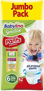 Гащички Babylino Sensitive Pants 6 Extra Large - 42 броя, за бебета 15+ kg - продукт