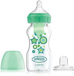 Бебешко шише за хранене с широко гърло 2 в 1 - Options+ 270 ml - Комплект със силиконов биберон размер 3 и мек накрайник за бебета над 6 месеца - шише