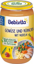 Bebivita - Био пюре от зеленчуци, спагети и пилешко месо - Бурканче от 250 g за бебета над 12 месеца - пюре