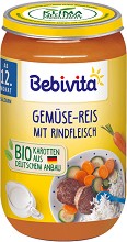 Bebivita - Био пюре от зеленчуци, ориз и телешко месо - Бурканче от 250 g за бебета над 12 месеца - пюре