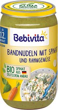 Bebivita - Био пюре от паста, спанак, зеленчуци и сметана - Бурканче от 250 g за бебета над 12 месеца - пюре