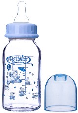 Стъклено стандартно бебешко шише за хранене - Мече 120 ml - Комплект със силиконов биберон за бебета от 0+ месеца - шише