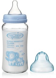 Стъклено бебешко шише за хранене с широко гърло - 240 ml - Комплект със силиконов биберон за бебета над 6 месеца - шише