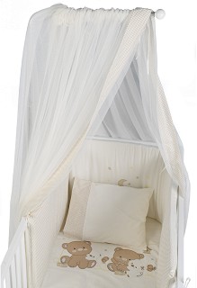 Бебешки спален комплект от 4 части с балдахин - Hug - 100% памук за легла с размери 60 x 120 cm и 70 x 140 cm - продукт