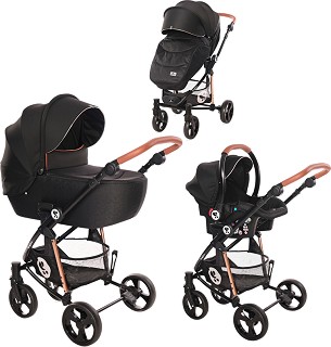 Бебешка количка 3 в 1 Lorelli Crysta: Black Diamond - С кош за новородено, лятна седалка, кош за кола, чанта и аксесоари - количка